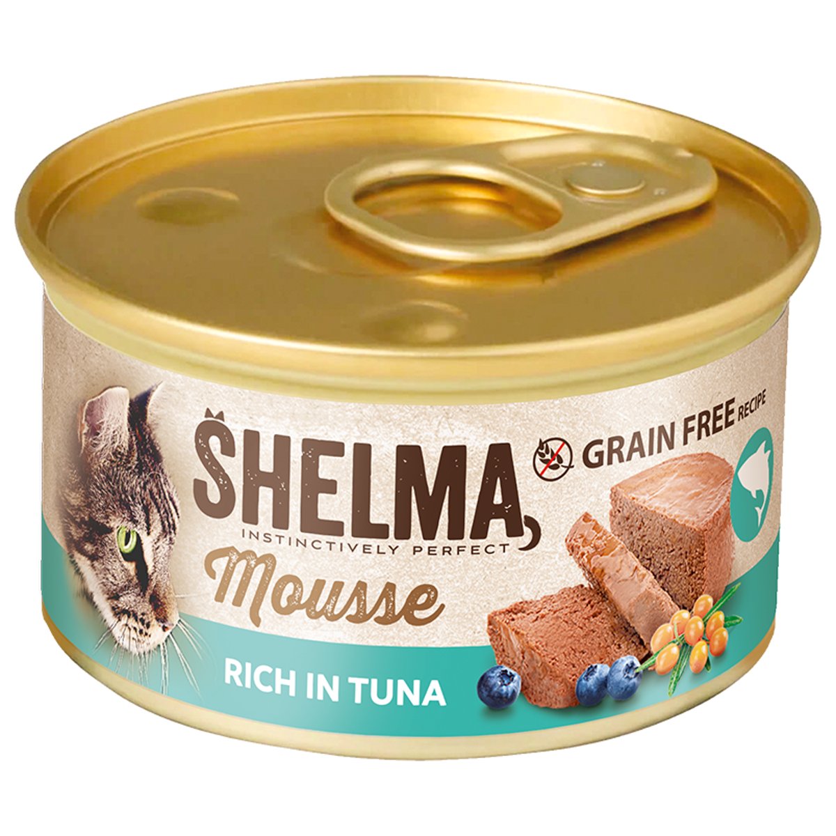 Shelma Konzerva pro kočky – tuňák, borůvky, rakytník
