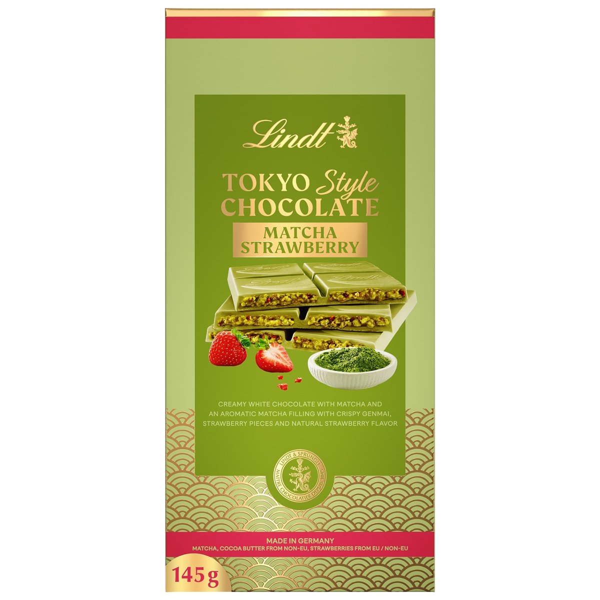 Levně Lindt Čokoláda Tokyo Style Bílá čokoláda s Matchou a jahodovými kousky