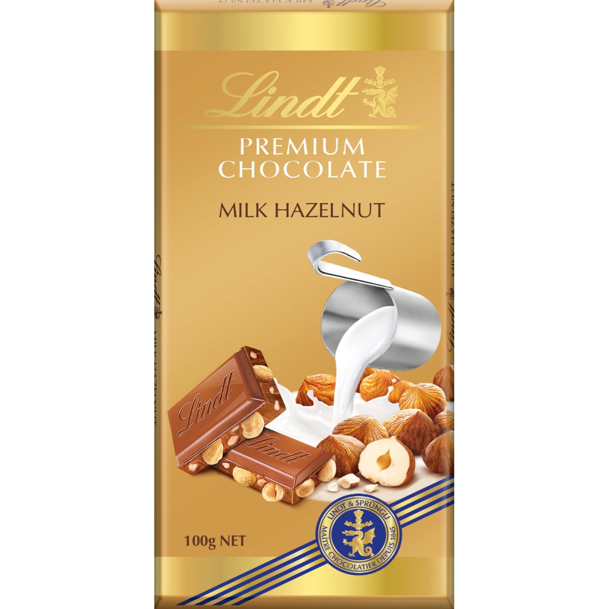 Lindt Čokoláda Gold Tablet Premium Mléčná s celými lískovými ořechy
