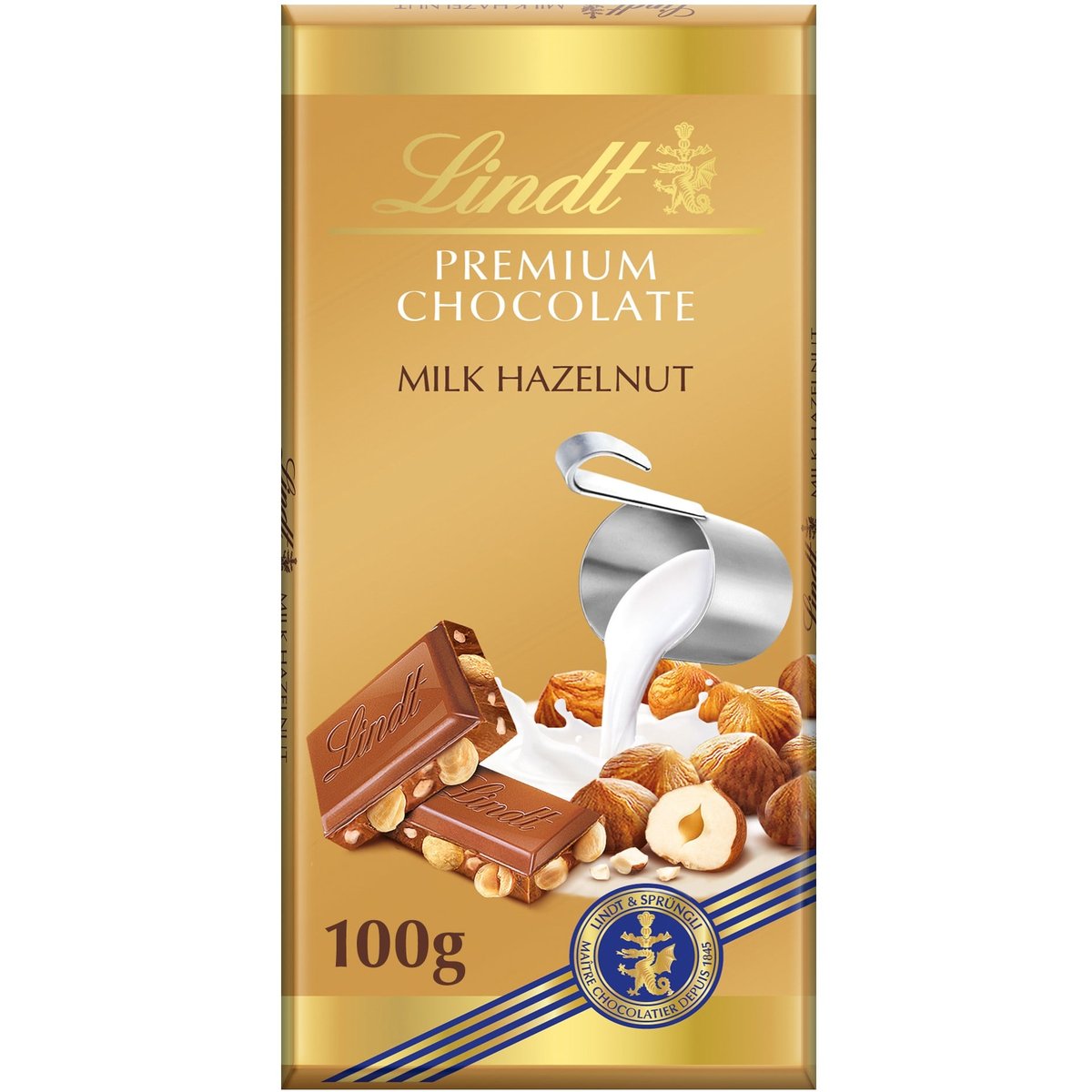 Levně Lindt Čokoláda Gold Tablet Premium Mléčná s celými lískovými ořechy