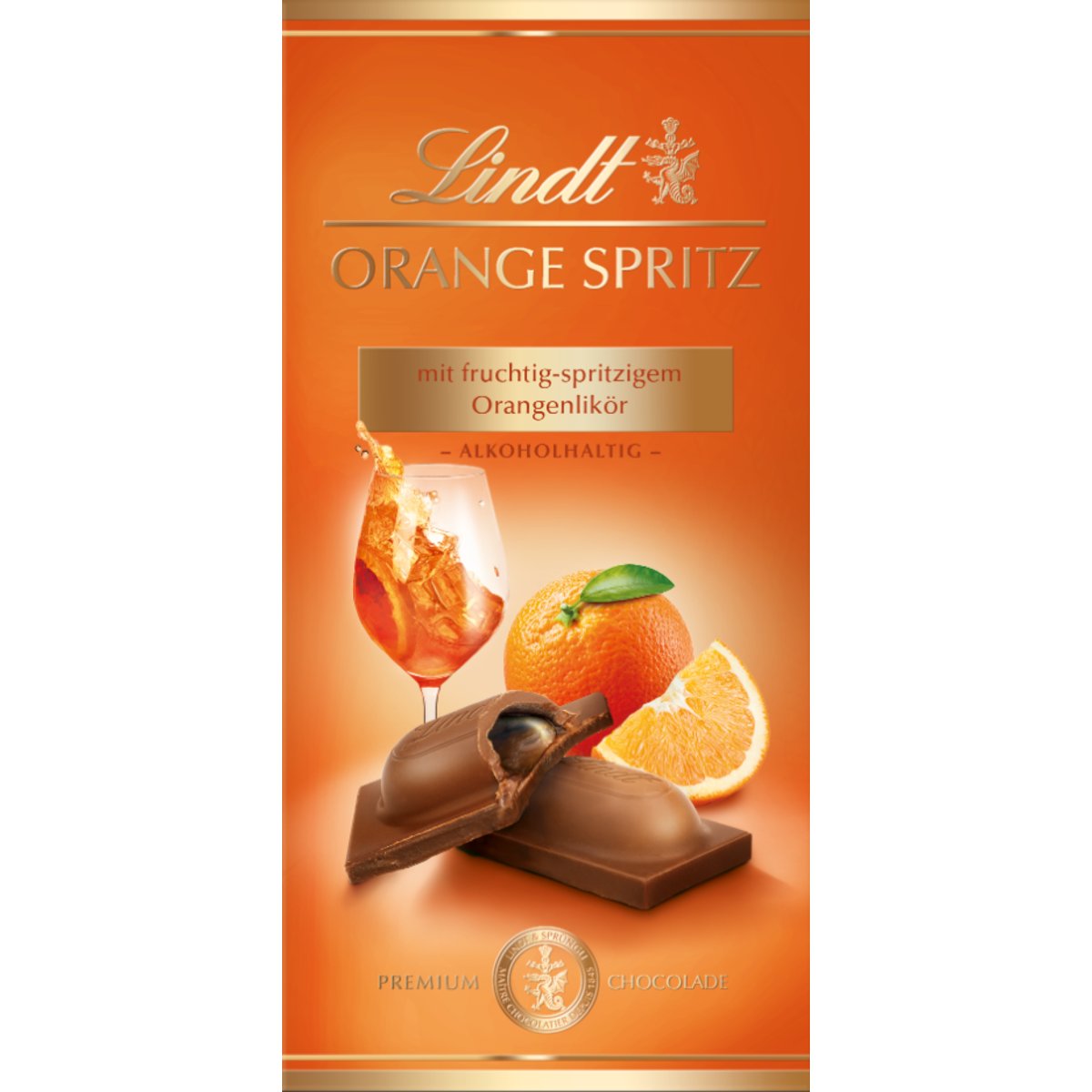 Lindt Čokoláda Orange Spritz s osvěžující náplní z pomerančového likéru