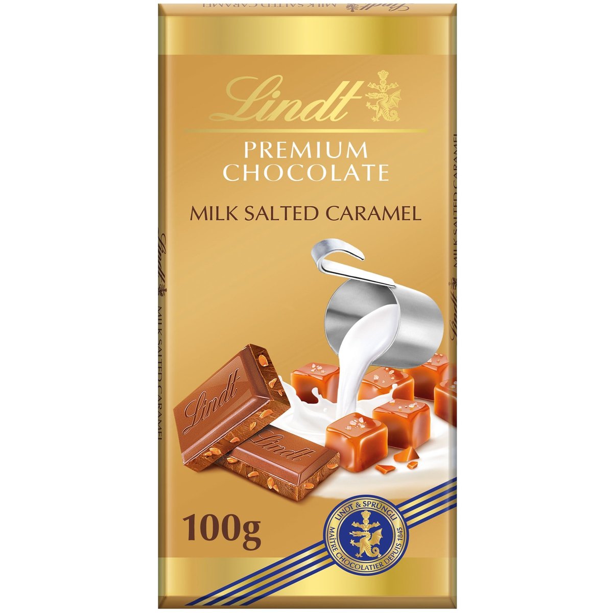 Levně Lindt Čokoláda Gold Tablet Premium Mléčná s kousky slaného karamelu