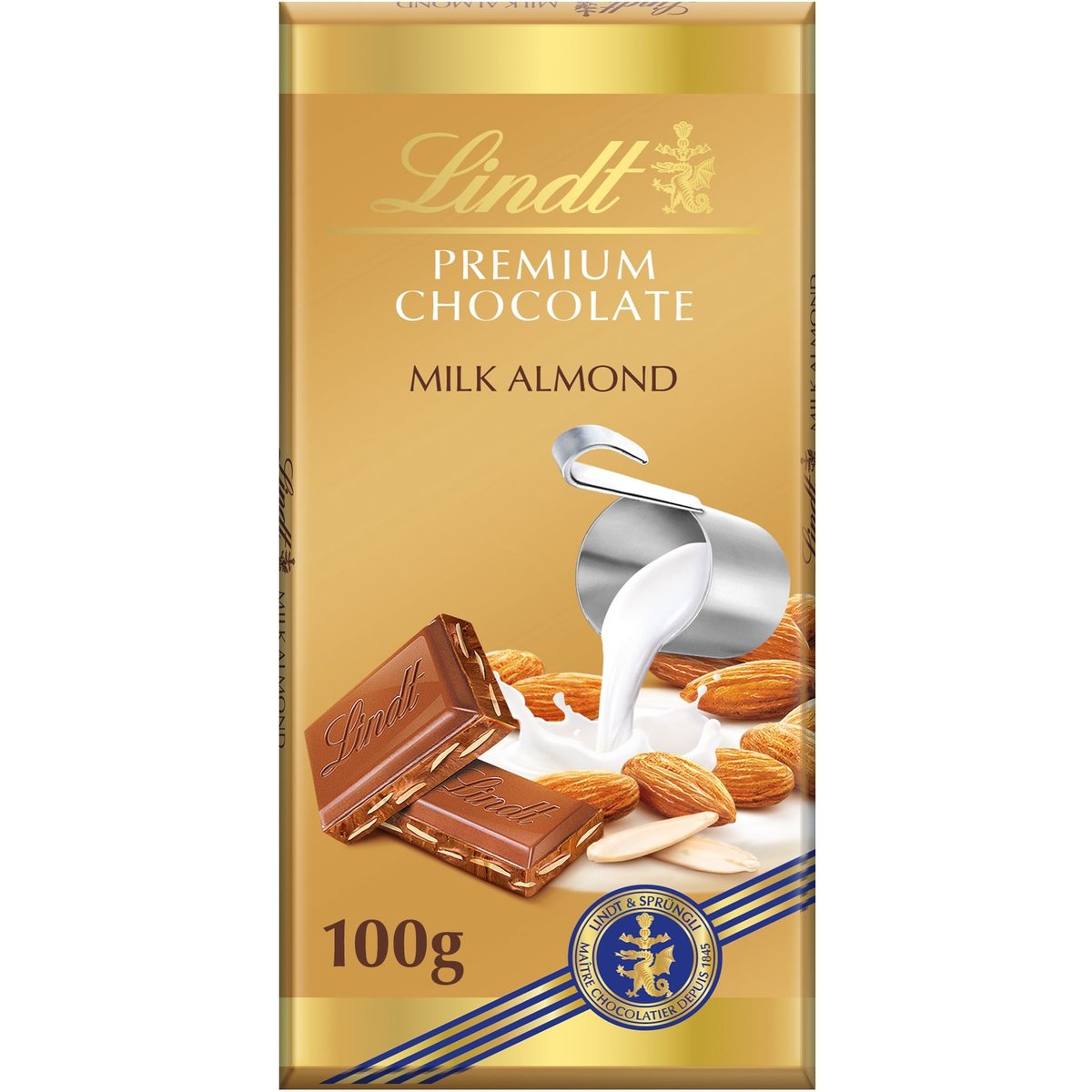 Levně Lindt Čokoláda Gold Tablet Premium Mléčná s celými mandlemi