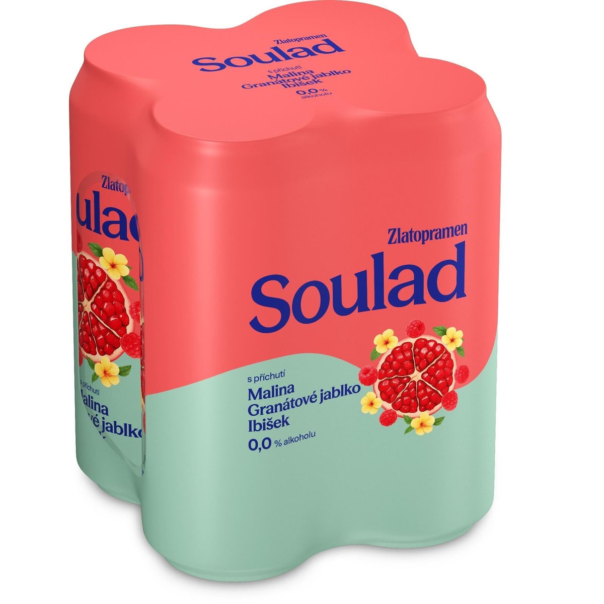 Zlatopramen Soulad 0.0% Malina, granátové jablko a ibišek plech 4×0,5 l