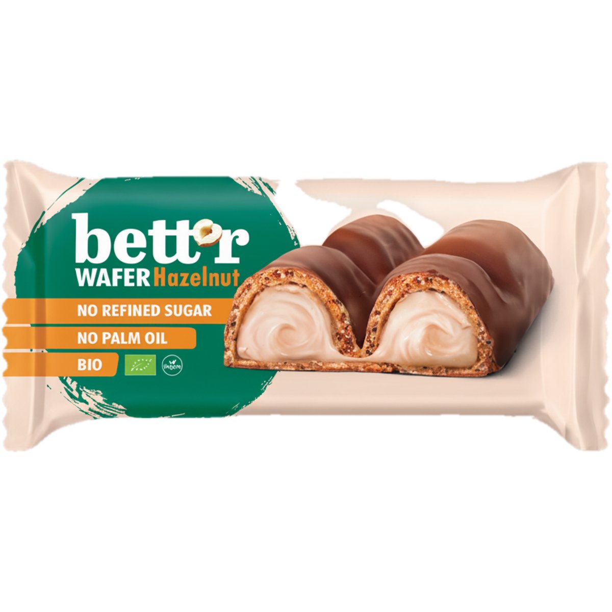 Bett’r BIO oplatky s lískooříškovou krémovou náplní (63 %), v polevě