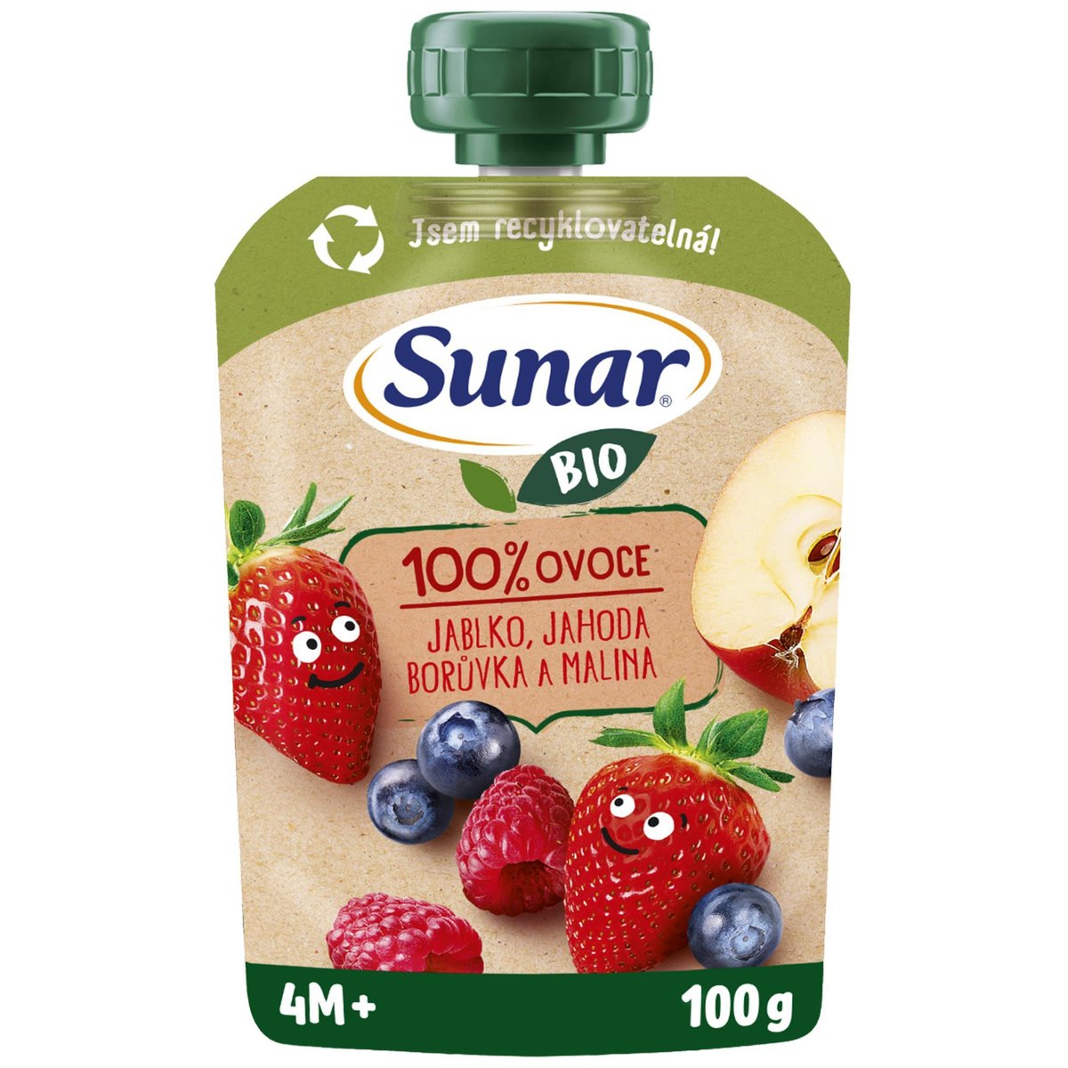 Levně Sunar BIO ovocná kapsička Jablko jahoda borůvka malina 4m+, 100g