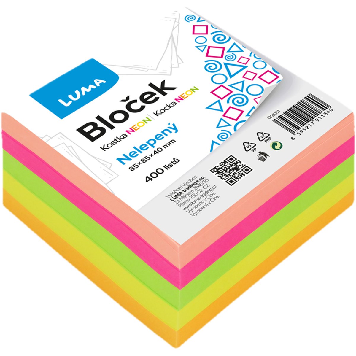 Bloček LUMA KOSTKA barevná 85 × 85 × 40 mm nelepená - neon barvy